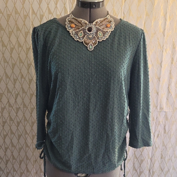 W5 Tops - W5 Dark Green Textured Long Sleeve Top with Side Ties